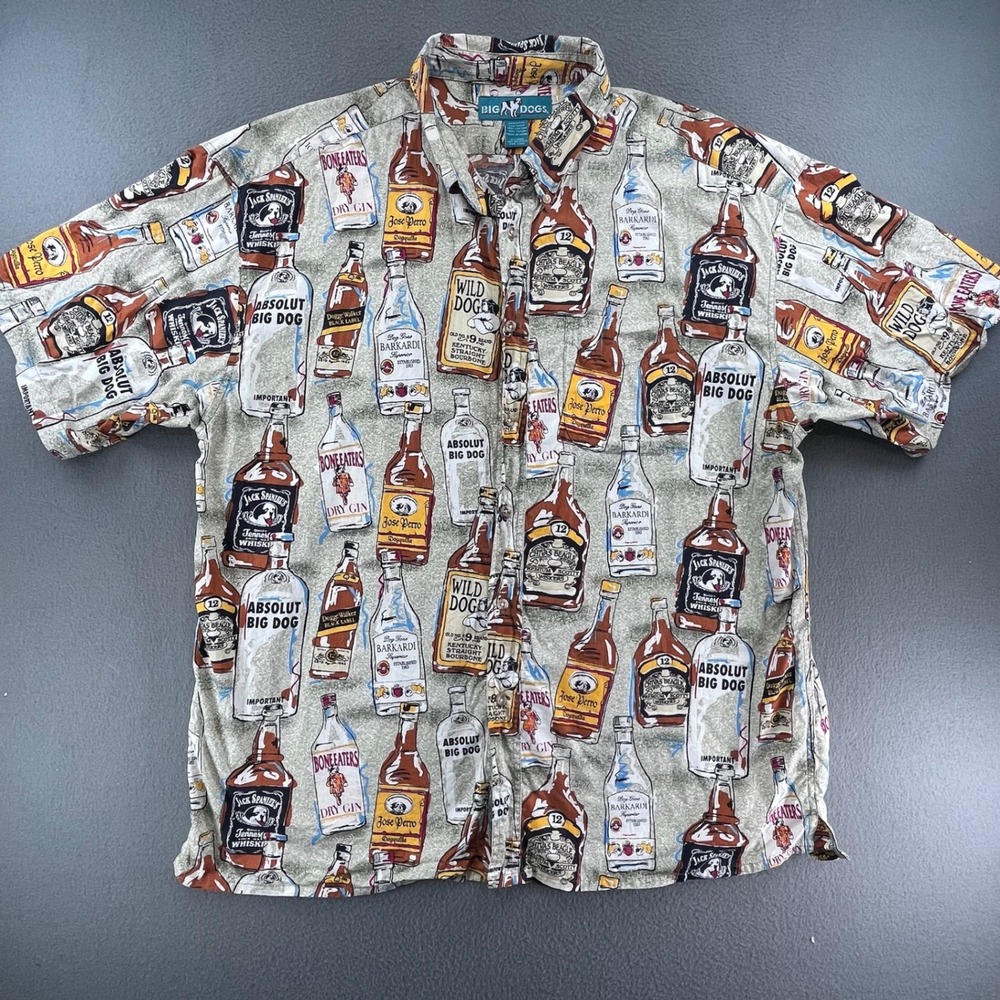 Big Dogs Men Button Shirt Cotton Liquor Parody XL Vintage Novelty Party Camp‎